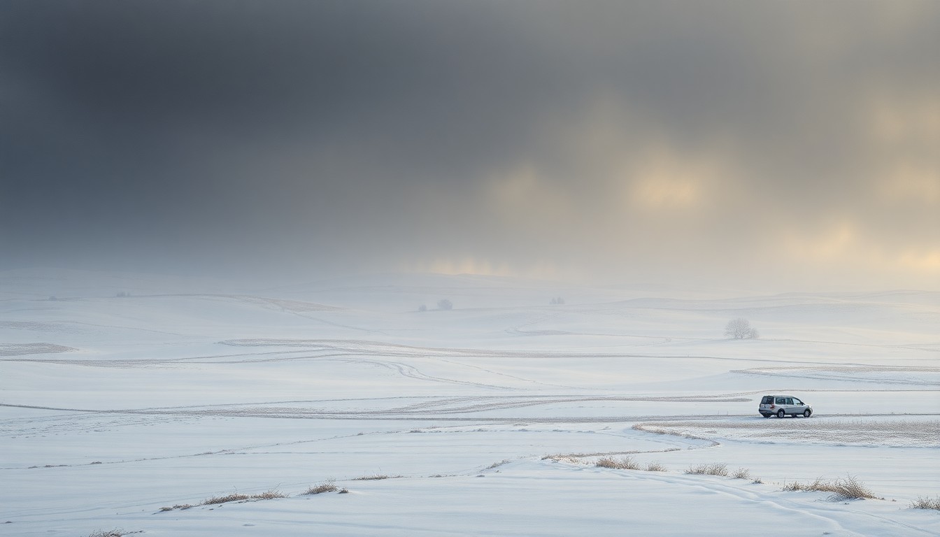 A sweeping, atmospheric landscape painting in muted tones of white, grey, and blue, depicting a vast, snow-covered rural scene with rolling hills and fields under a dramatic, cloudy sky, conveying the overwhelming scale and power of a late-season winter storm.