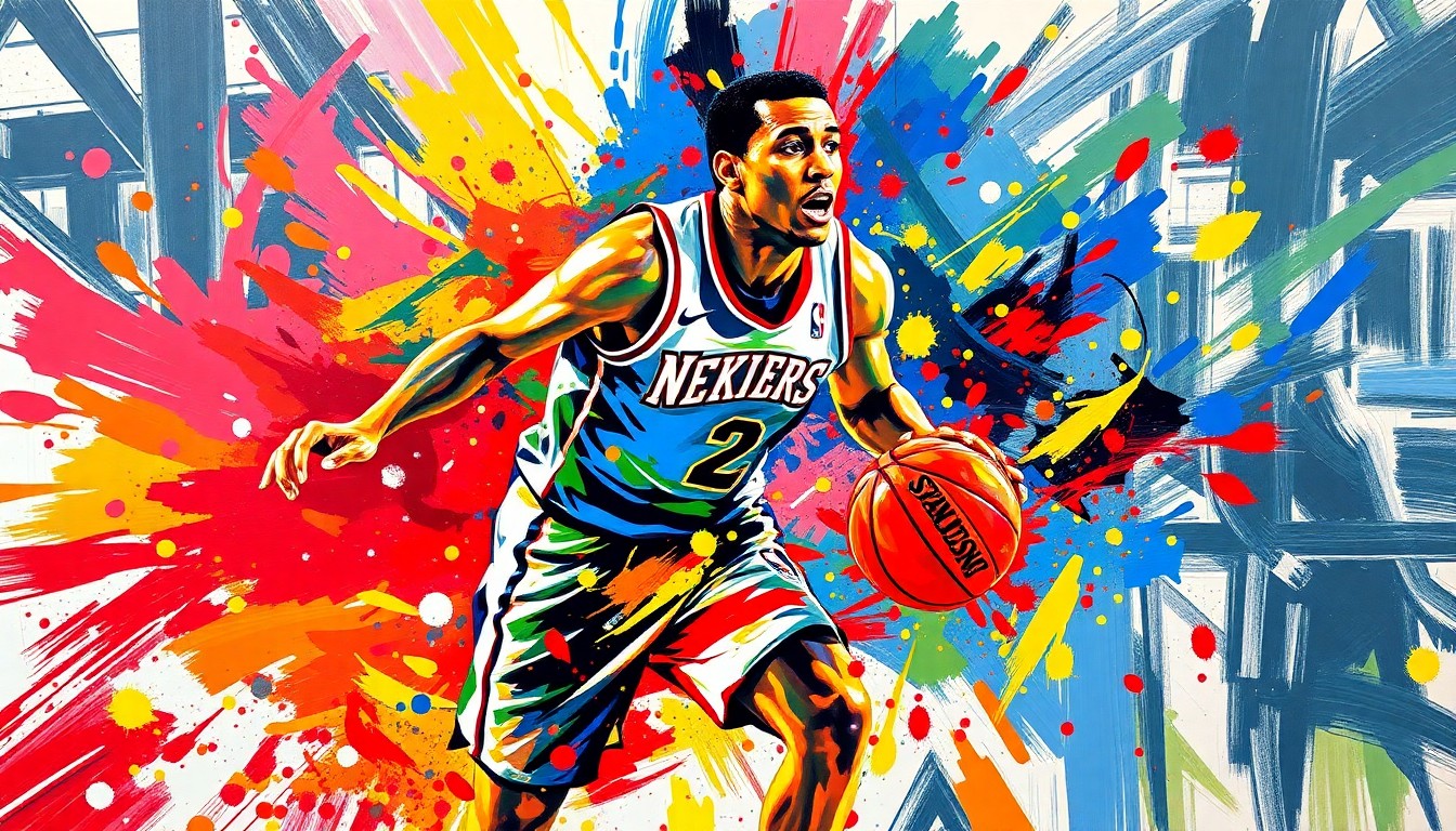 An abstract, energetic painting featuring bold brushstrokes and neon colors that capture the raw emotion and intensity of a college basketball game. The painting depicts a coach or player in mid-motion, their form dissolving into vibrant, expressive splatters of paint.