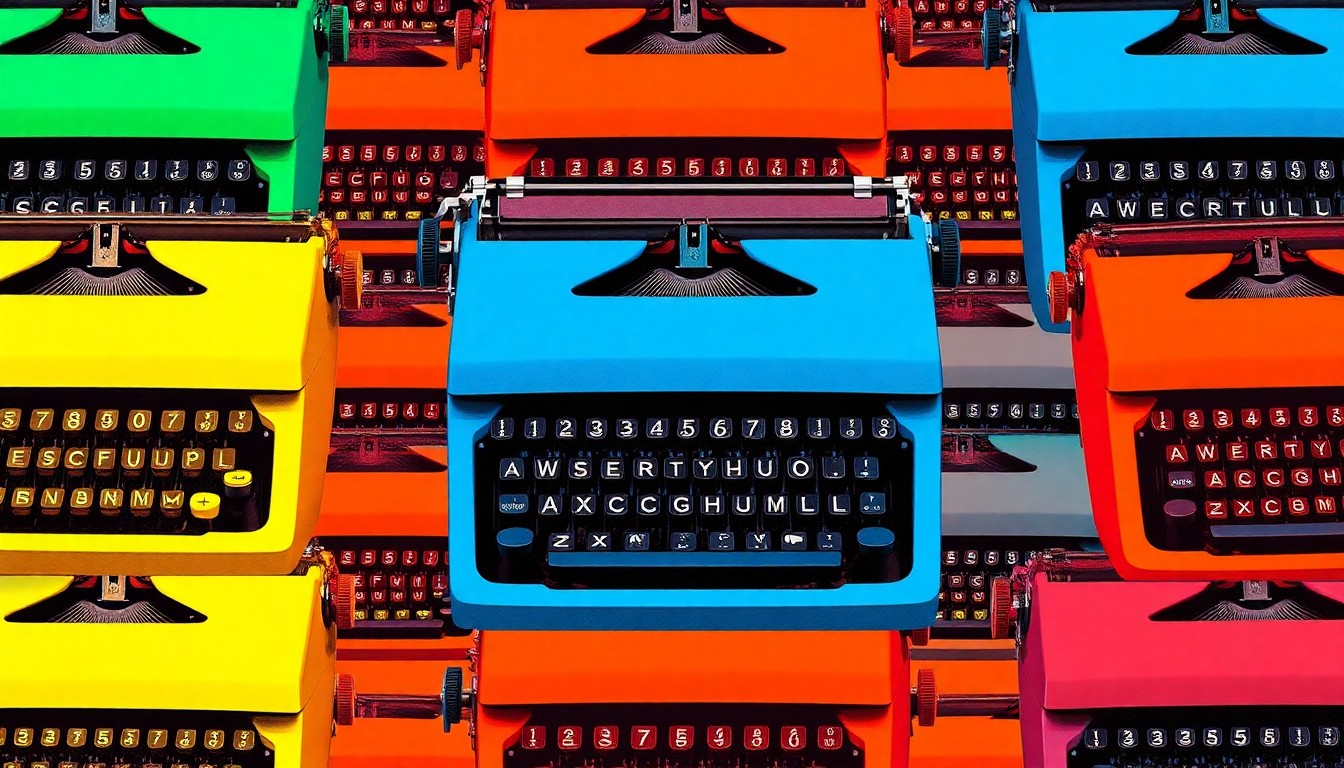 A grid of stylized, brightly colored silkscreen images of a vintage manual typewriter, rendered in a high-contrast pop art style that transforms the everyday object into a modern, visually striking conceptual illustration.