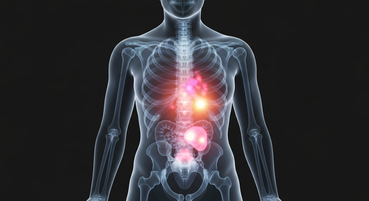 A ghostly, translucent X-ray image showing the internal organs of a young adult, with faint glowing areas indicating the presence of cancer. The image conveys a sense of fragility and vulnerability, yet also resilience in the face of serious illness.