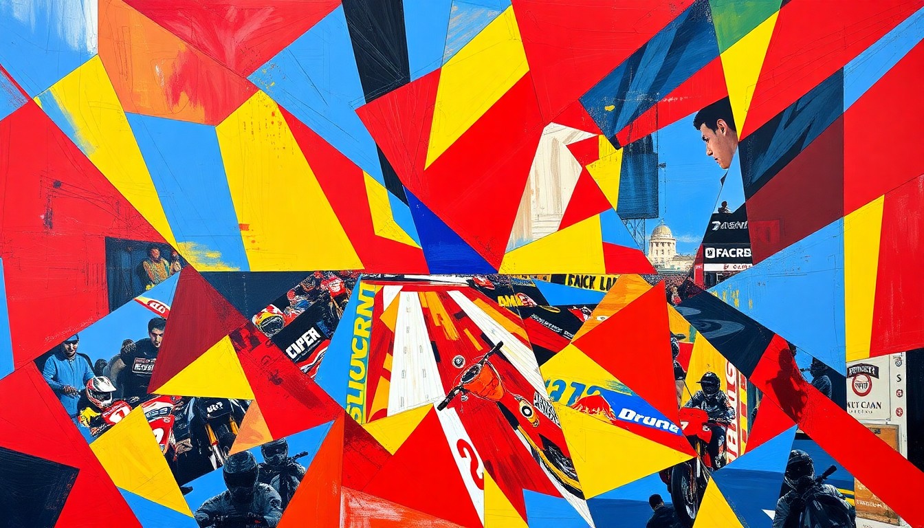 A fractured, cubist-style painting depicting the high-energy action of an AMA Supercross race, with overlapping geometric shapes and planes of bright primary colors representing the speed and intensity of the competition.