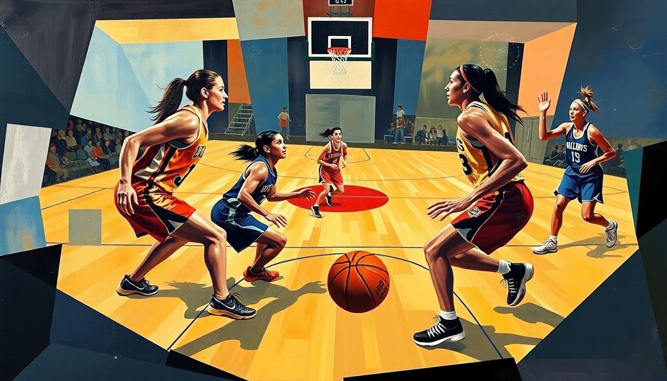 A cubist, geometric painting depicting the dynamic action of a women's basketball game, with the players' forms broken down into angular, overlapping shapes and the ball and court lines creating a sense of movement and energy.