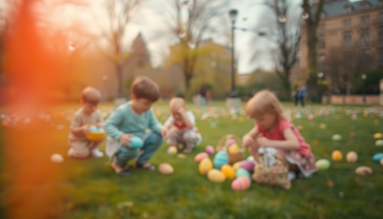 An abstract, impressionistic photograph of blurred shapes and soft pastel colors, conveying the warm, celebratory mood of an Easter egg hunt in a park setting.