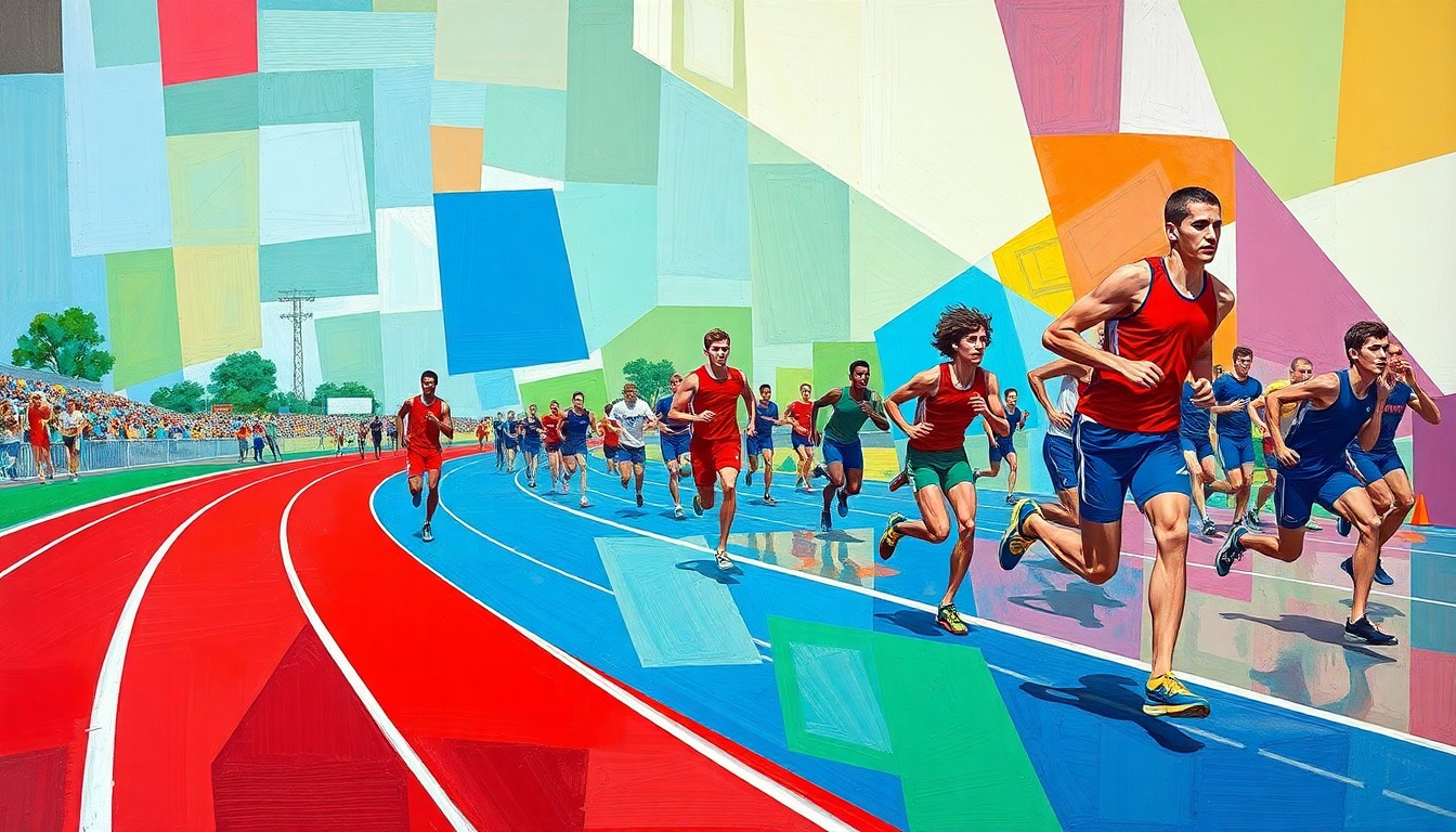 A fragmented, geometric painting depicting high school track and field athletes in motion, with sharp planes of color and overlapping perspectives.