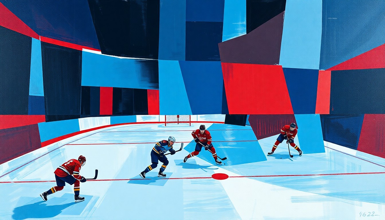 A cubist, geometric painting depicting a fragmented hockey game, with sharp planes of blue, red, and black overlapping to create a sense of motion and chaos on the ice.