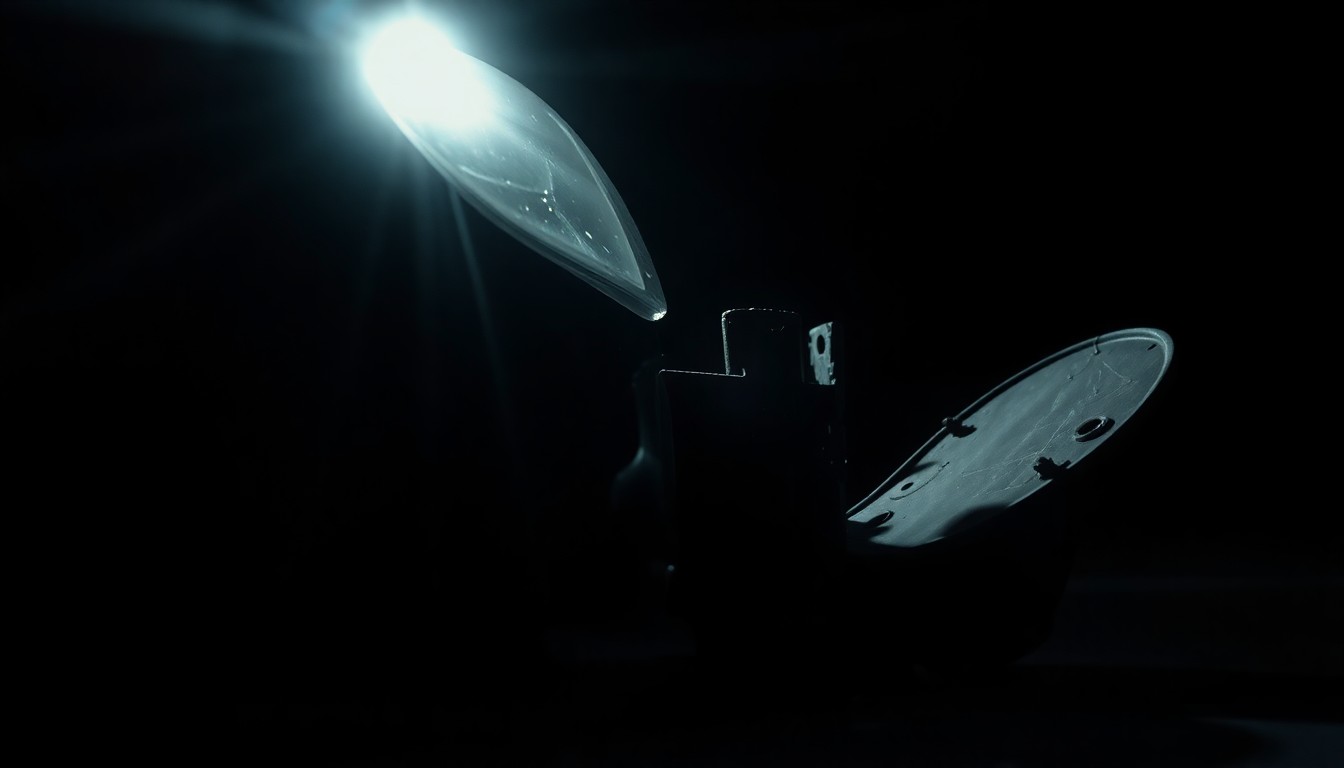 An extreme close-up photograph of a damaged car part or piece of debris from the crash site, capturing the gritty, investigative nature of the incident.