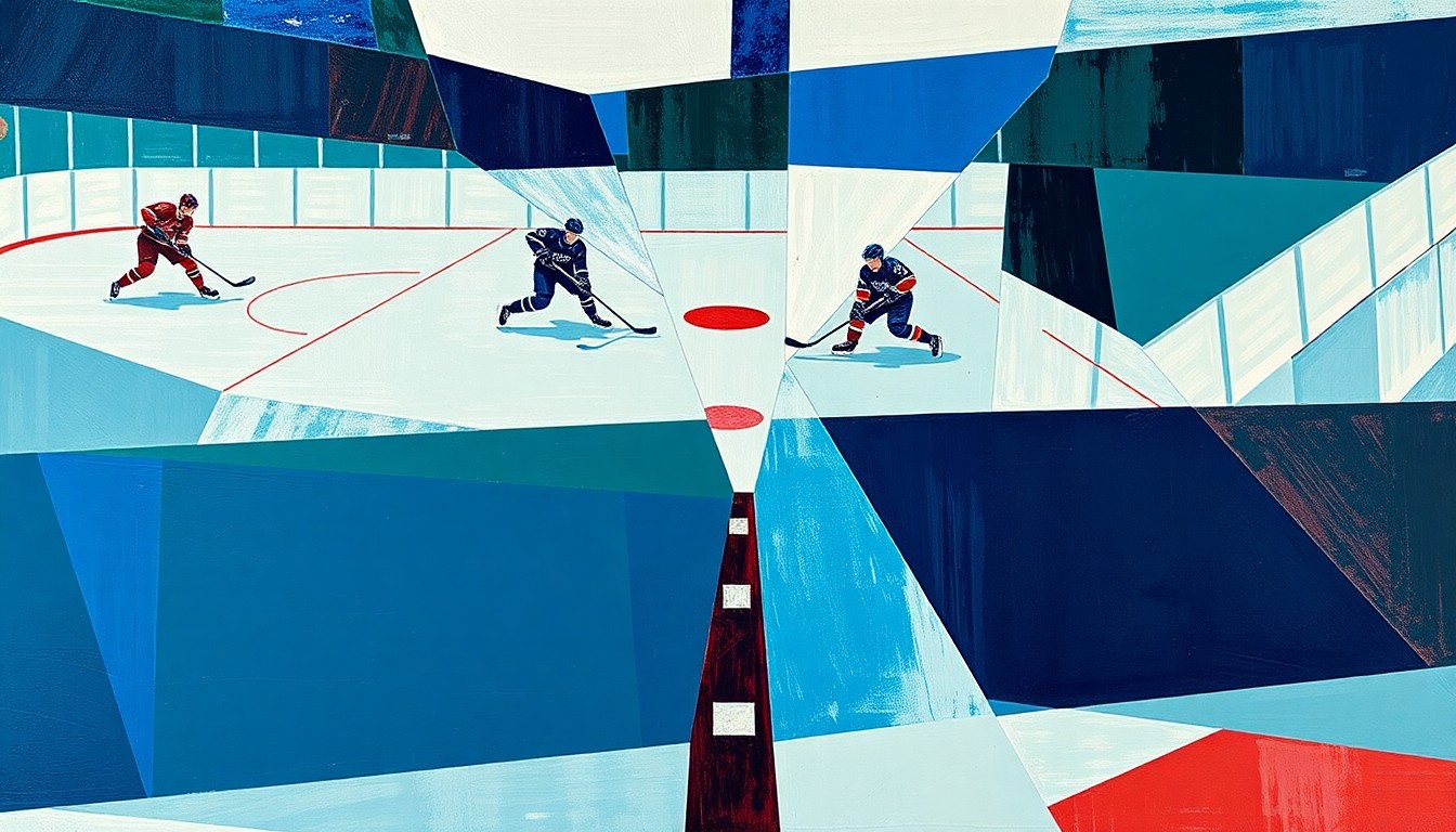A fragmented, geometric painting depicting the dynamic movements and energy of a professional hockey game, with the players and puck represented as sharp, overlapping shapes in a bold color palette.