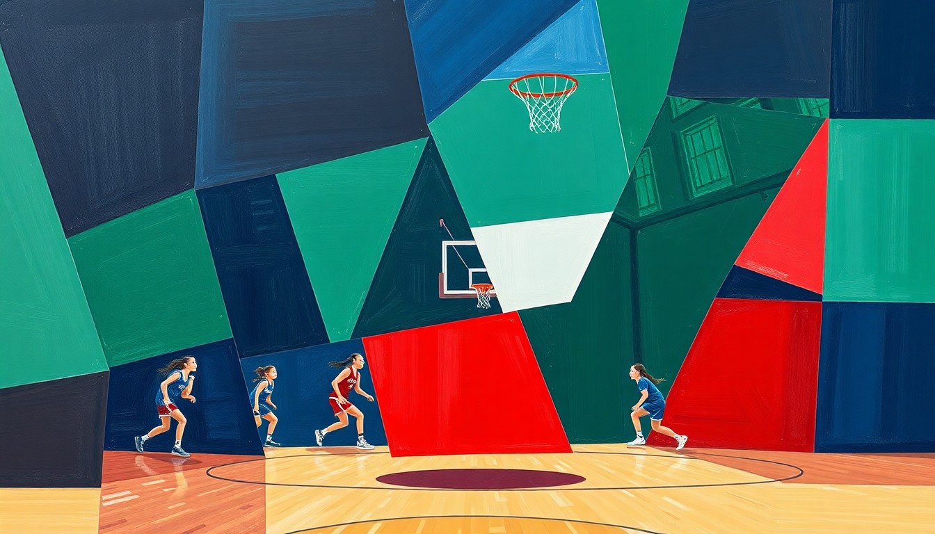 A cubist, geometric painting depicting the action and energy of a high school girls basketball game, with sharp planes of navy, green, and red overlapping to create a dynamic, fragmented visual.