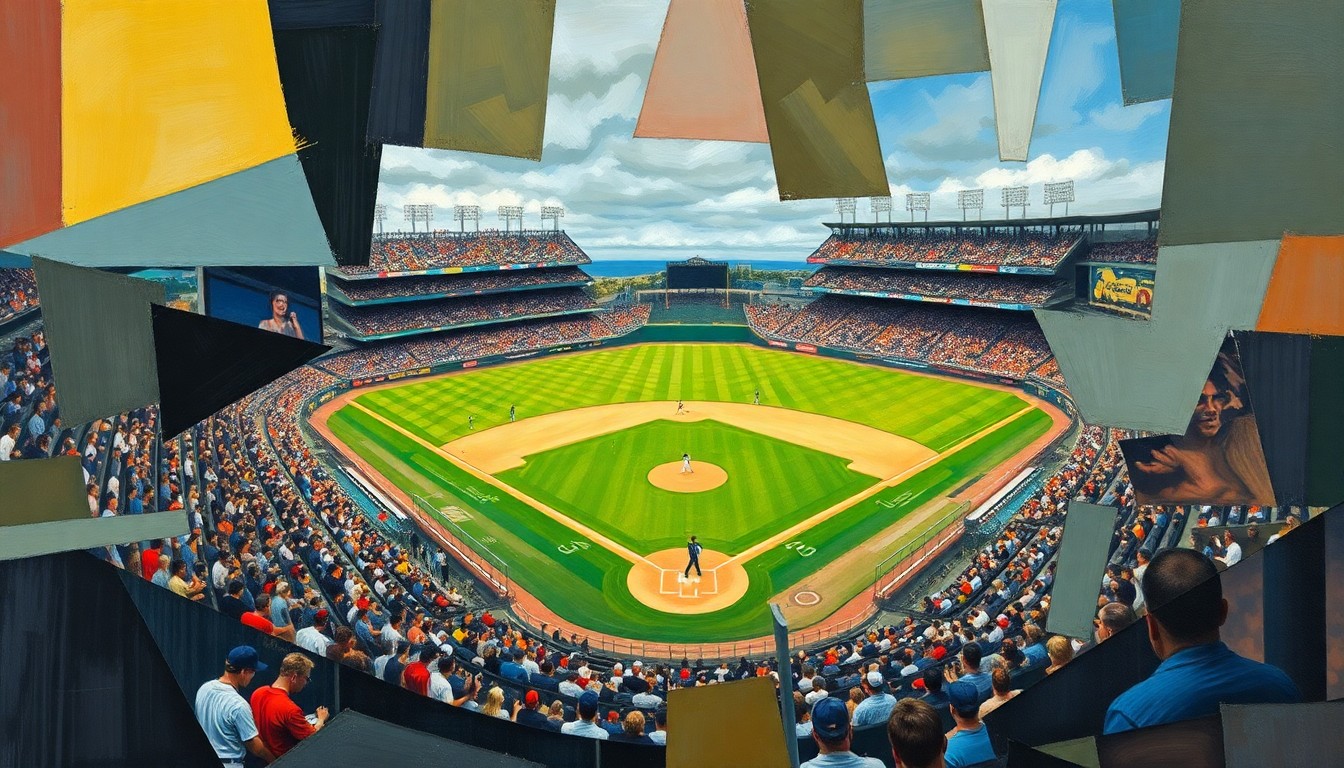 A fragmented, geometric painting depicting a baseball player in motion, with sharp, overlapping shapes and planes representing the various elements of the game.