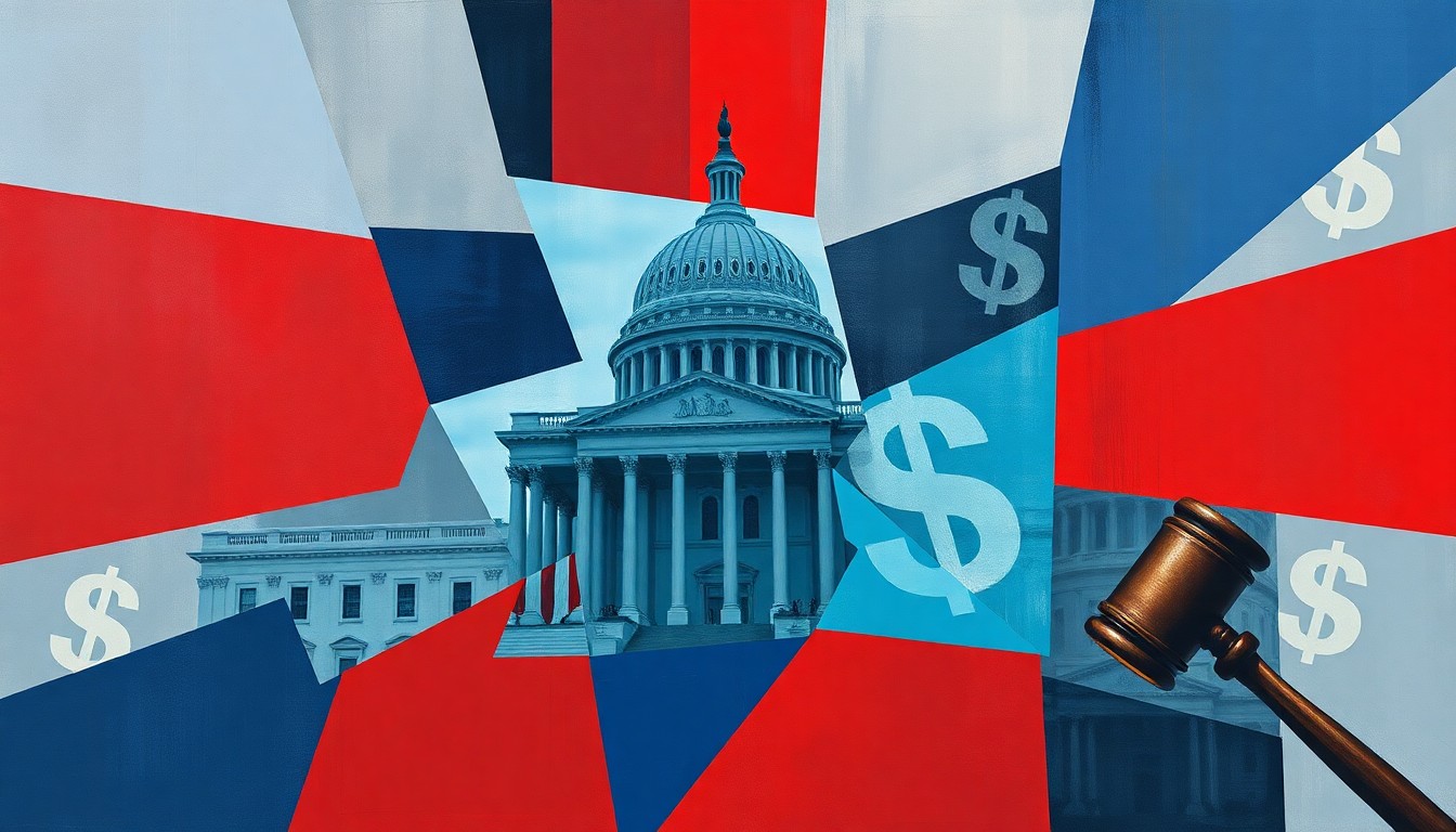 A dynamic, abstract painting with overlapping geometric shapes and lines in shades of blue, grey, and red, conceptually representing the chaotic and fractured nature of political and financial fraud.