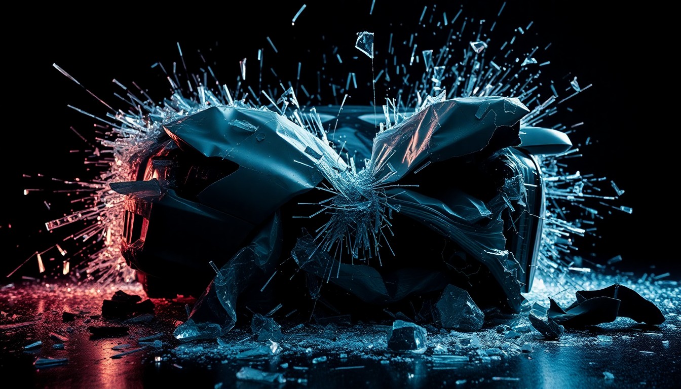 An abstract close-up image of shattered glass and twisted metal, conveying the chaos and damage of a serious car accident.