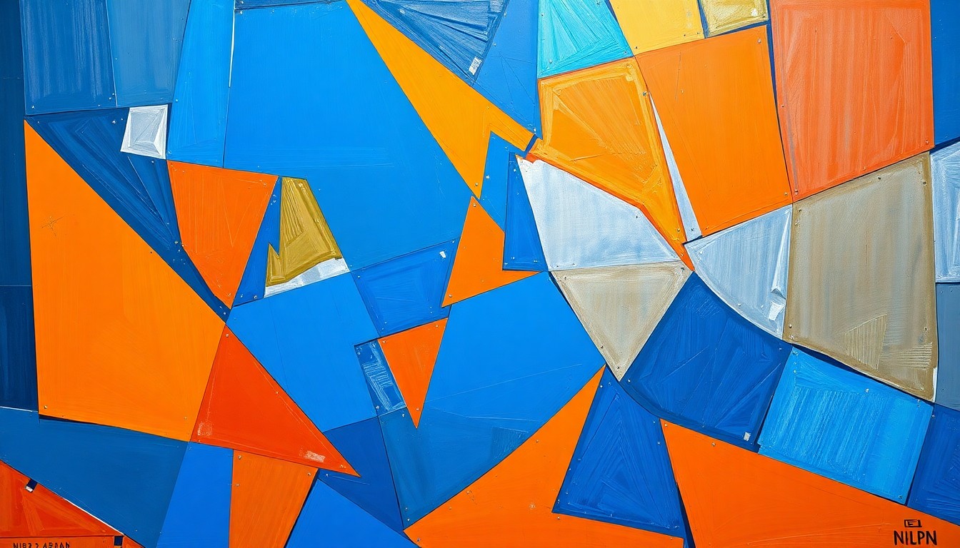 A fragmented, geometric painting depicting a basketball game in motion, with sharp planes of color and overlapping perspectives conveying the sport's energy and intensity.