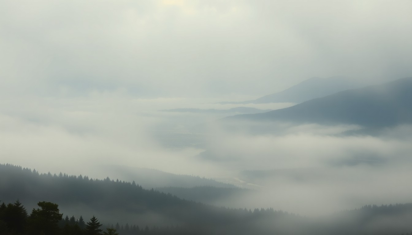 A serene, atmospheric landscape painting in muted tones, with a winding river and distant town partially obscured by heavy fog, conveying the overwhelming scale and power of nature.