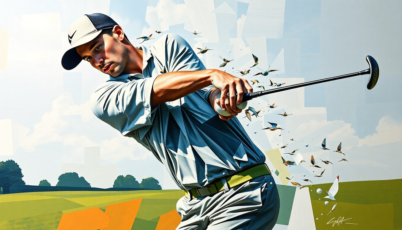 A fragmented, geometric painting depicting the dynamic motion of a golfer's swing, with sharp planes and angles obscuring the player's identity and emphasizing the raw athletic energy of the sport.