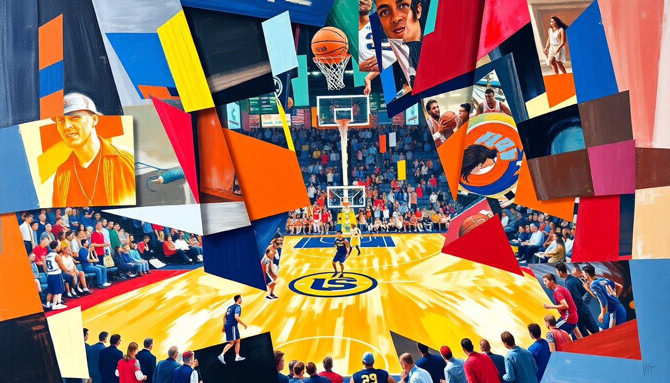 A cubist, geometric painting depicting a basketball game or match, with sharp, overlapping planes of color representing the University of Illinois and UConn teams in action.
