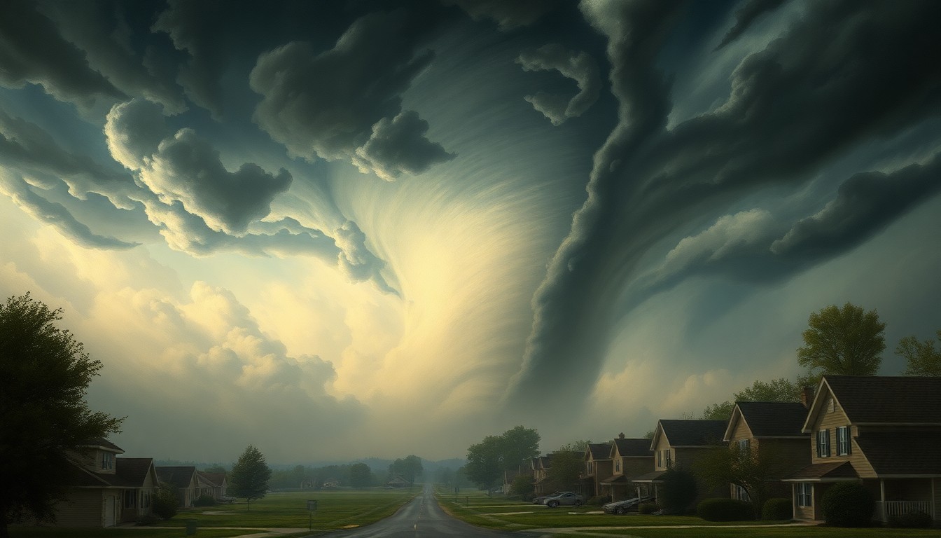 A vast, atmospheric landscape painting depicting a tornado-warned storm sweeping across a suburban neighborhood, with the powerful weather conditions dwarfing any physical structures or objects, conveying a sense of the overwhelming, sublime scale of the natural forces at play.