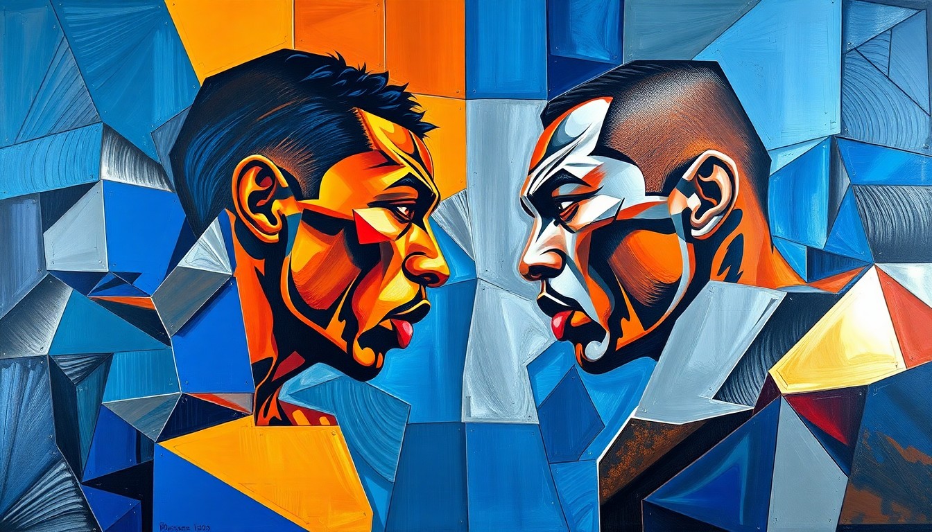 A cubist, geometric painting depicting the intense action and movement of a boxing match between two fighters, with sharp, overlapping planes of vibrant colors capturing the raw energy of the sport.