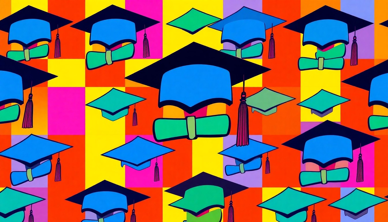 A high-contrast, silkscreen-style grid of brightly colored university graduation caps in neon shades of blue, green, and pink, conceptually representing the university's academic tradition and adaptability.
