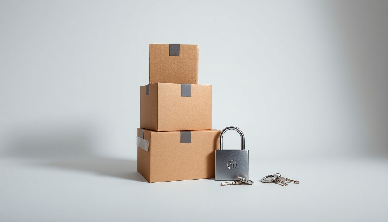 A minimalist studio still life photograph featuring a stack of cardboard moving boxes, a padlock, and a set of keys, conceptually representing the auction of unclaimed self-storage unit contents.