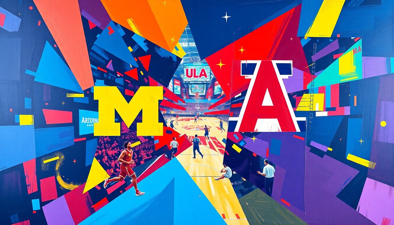 A fractured, cubist-style painting depicting the intense action and energy of a college basketball game, with sharp geometric planes of blue, maize, red, and purple colliding to capture the raw competitive spirit of the moment.