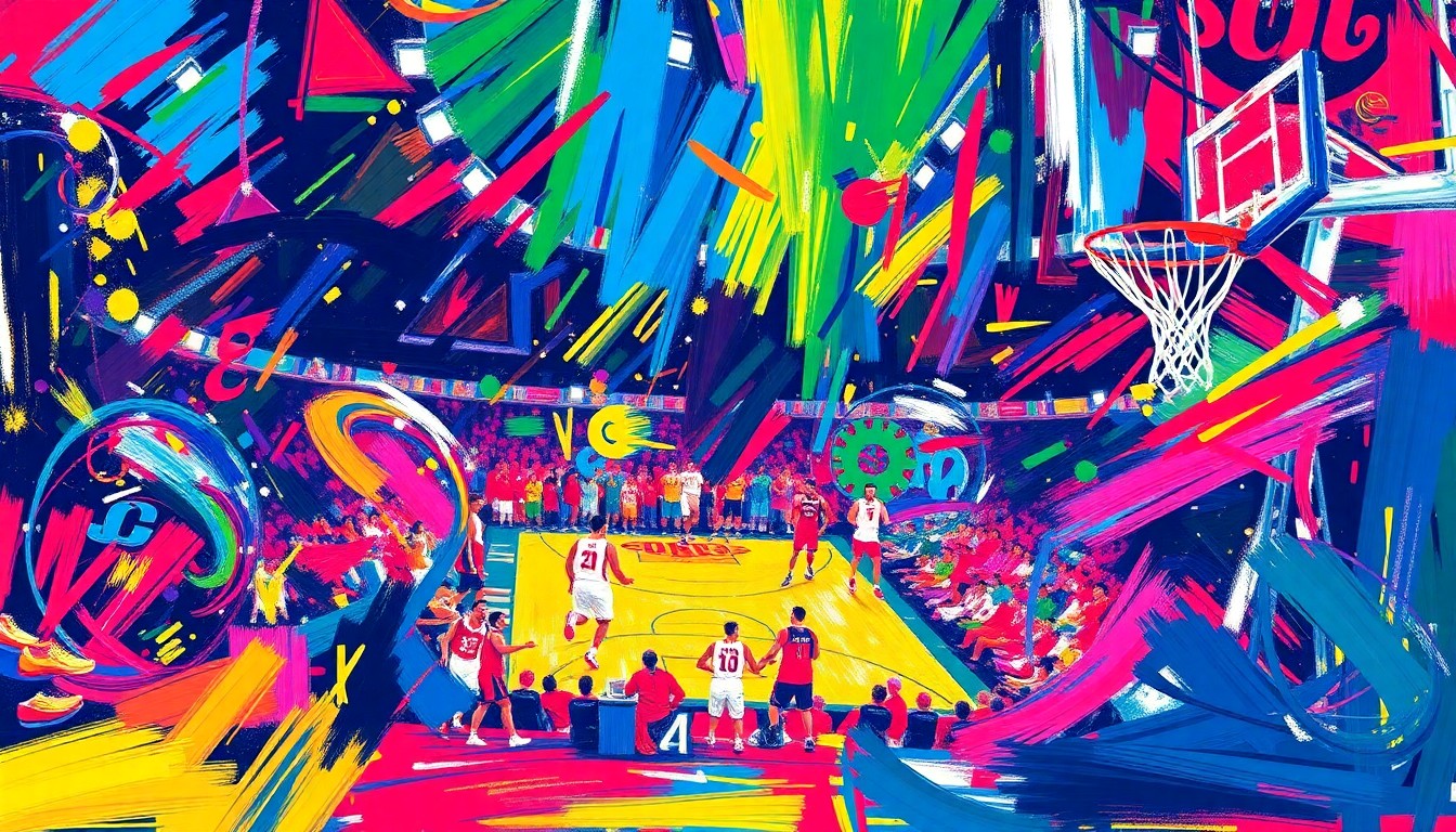 An abstract painting featuring bold, expressive brushstrokes in neon shades of blue, orange, and green, conveying the dynamic energy and intensity of a high-stakes college basketball game.