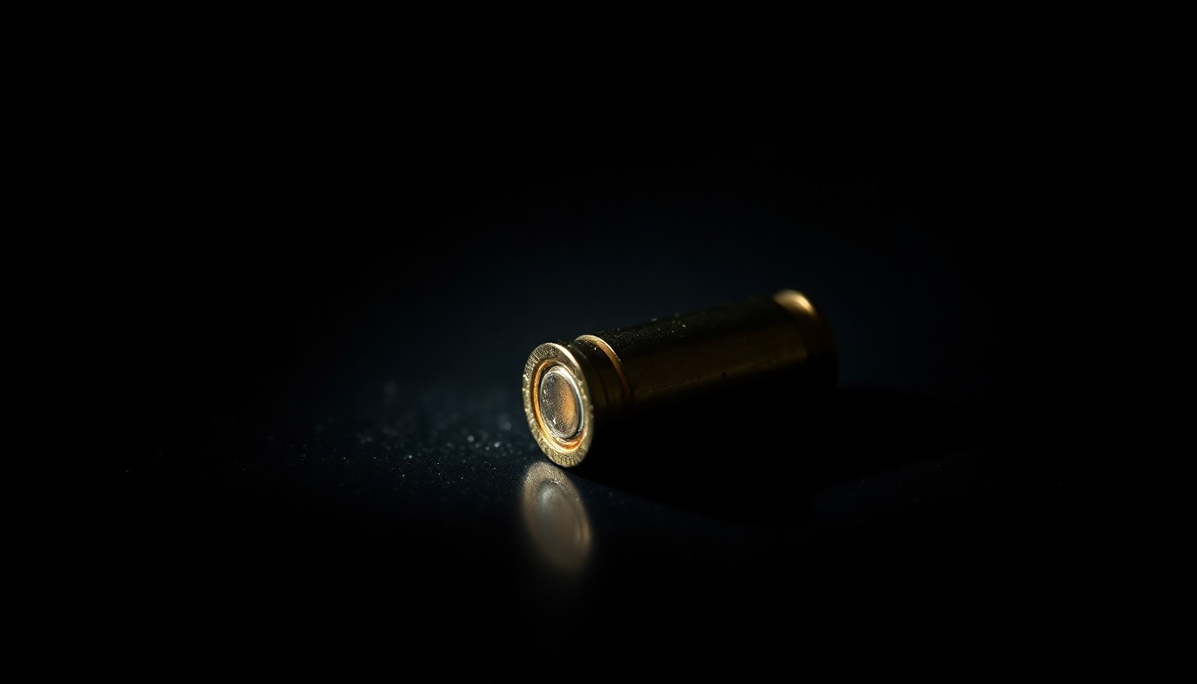 An extreme close-up photograph of a single spent bullet casing on a dark surface, lit by a harsh, direct camera flash, conceptually representing the physical evidence left behind at a crime scene.
