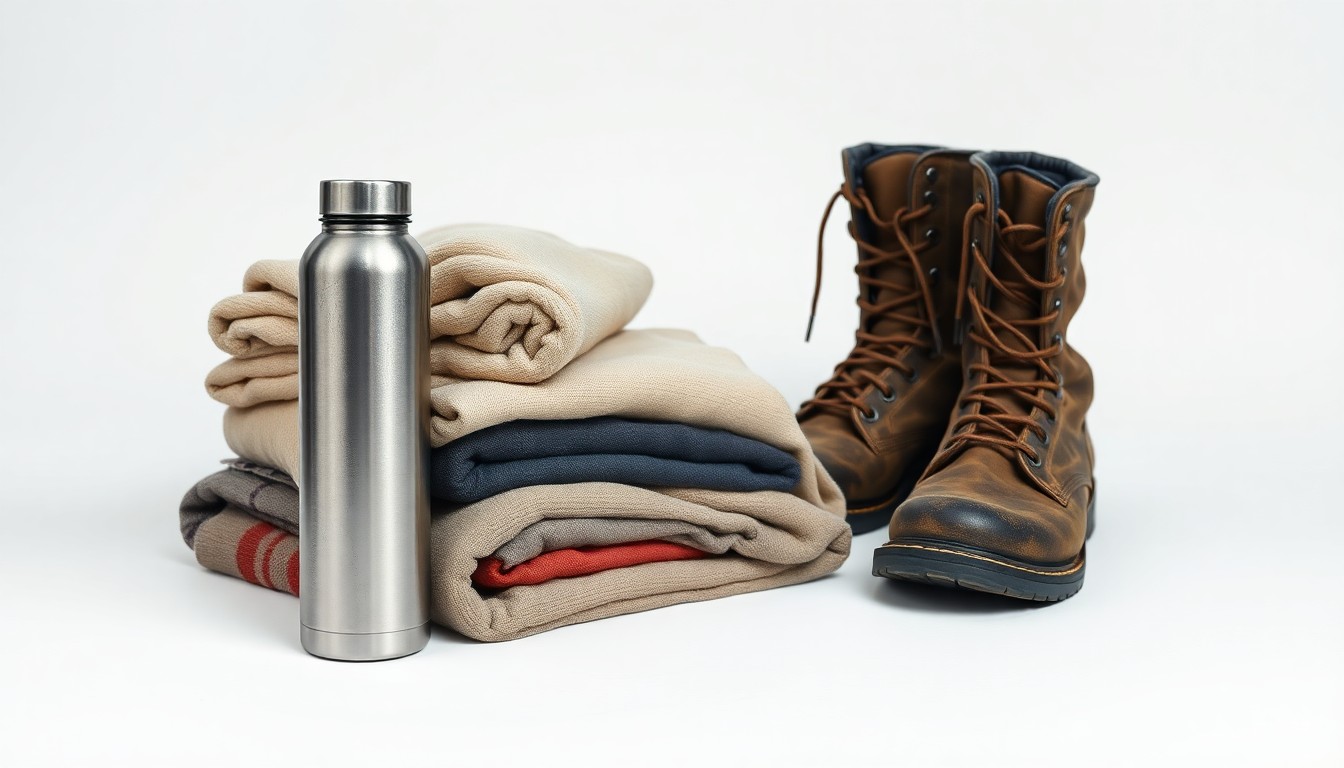 A photorealistic studio still life featuring a stack of folded blankets, a metal water bottle, and a pair of worn work boots on a clean, monochromatic background, symbolizing the basic necessities and daily struggles of homelessness.