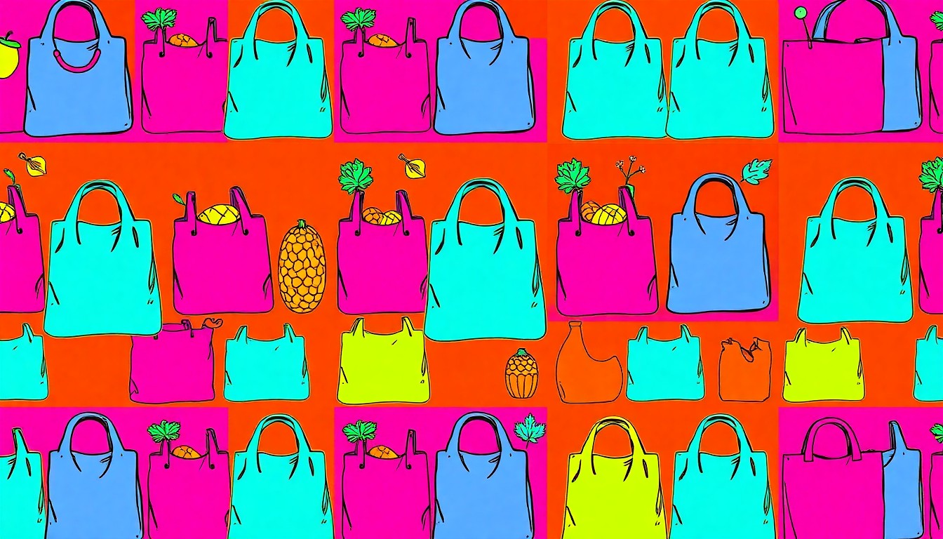 A brightly colored, high-contrast silkscreen print of a reusable grocery bag repeated in a tight grid pattern, conceptually representing the joyful energy of a community celebration.