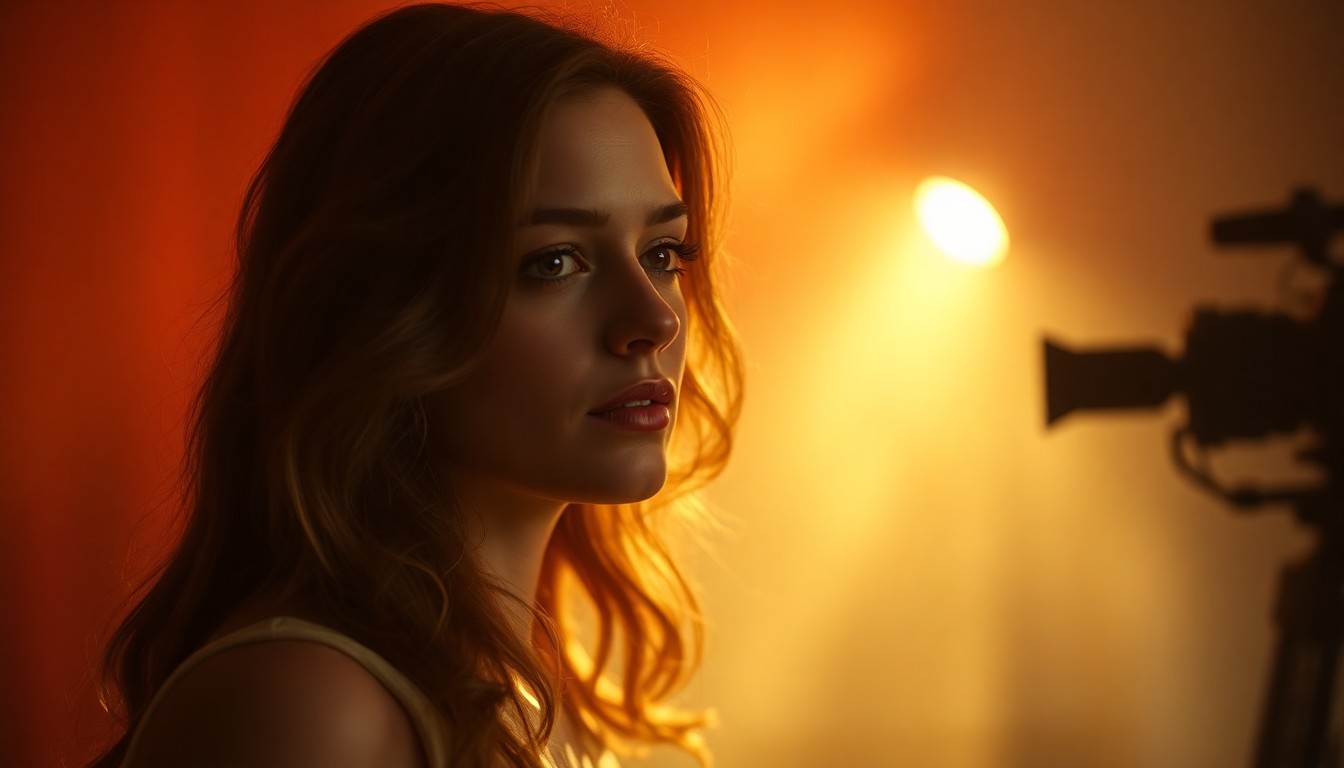 An extremely abstracted, out-of-focus photograph of a film set, with soft pools of warm color and light creating an atmospheric, dreamlike quality that captures the celebratory mood of Fiona Rene's birthday and new TV role.