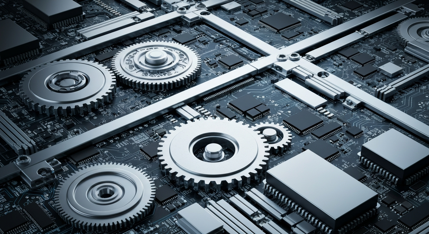 An extreme close-up of interlocking gears, circuit boards, and data storage components in shades of silver, black, and blue, conceptually representing the complex machinery and infrastructure powering the data storage industry.