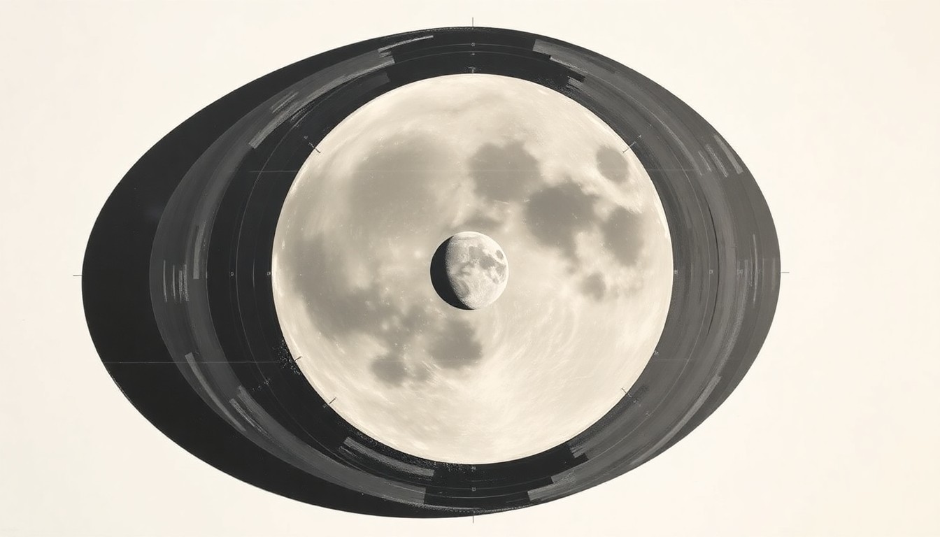 A bold, abstract painting in soft blues, greens, and grays depicting the Artemis II spacecraft orbiting the Moon, with sweeping geometric arcs and precise lunar craters, conveying the structural order of the lunar environment.