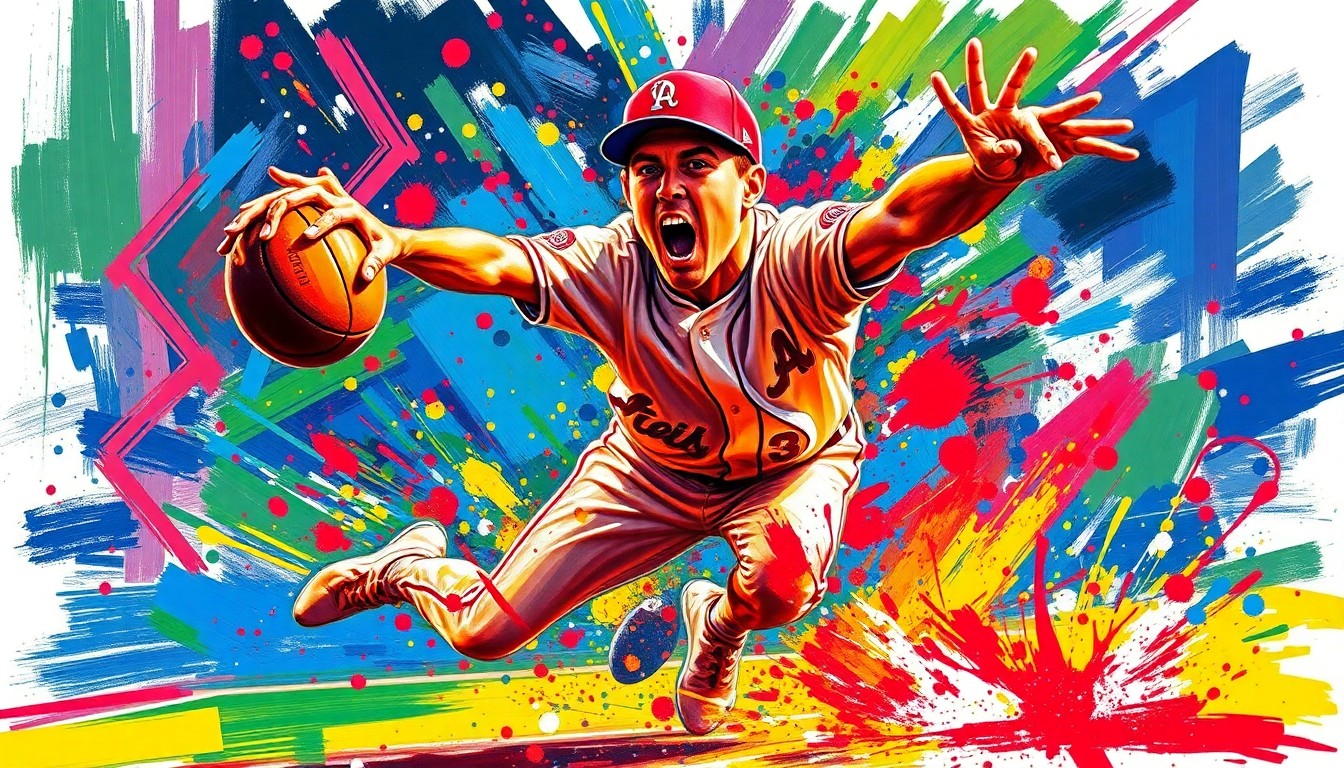 A vibrant, expressionist painting depicting the raw athletic energy and leaping defensive plays of Angels outfielder Jo Adell, with his face and the baseball diamond dissolving into unrecognizable splatters of neon paint.
