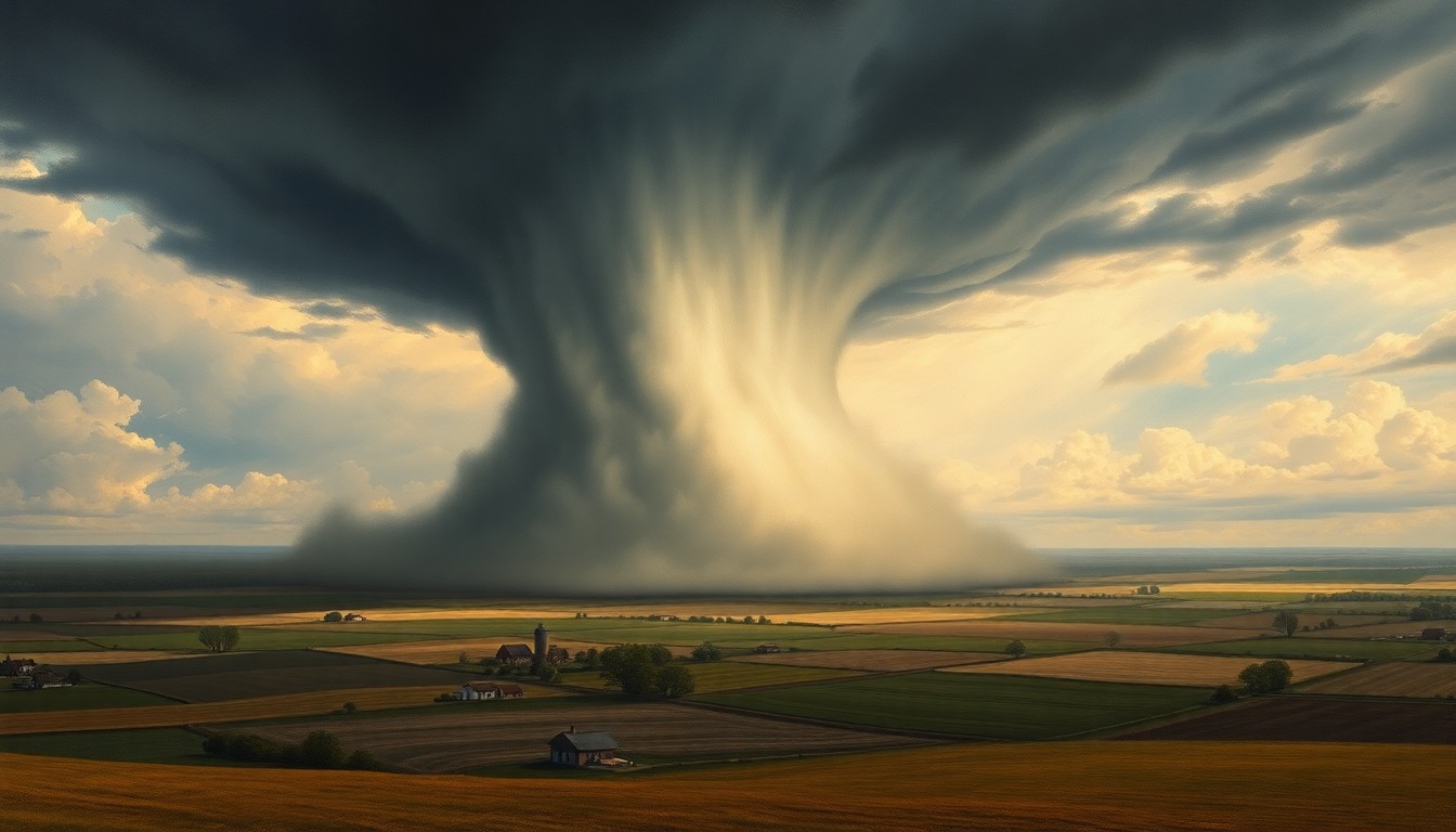 A sweeping, atmospheric landscape painting in muted tones of grey, blue, and green, with a massive tornado funnel cloud dominating the horizon and dwarfing the small farm structures below, conveying the overwhelming power of the natural disaster.