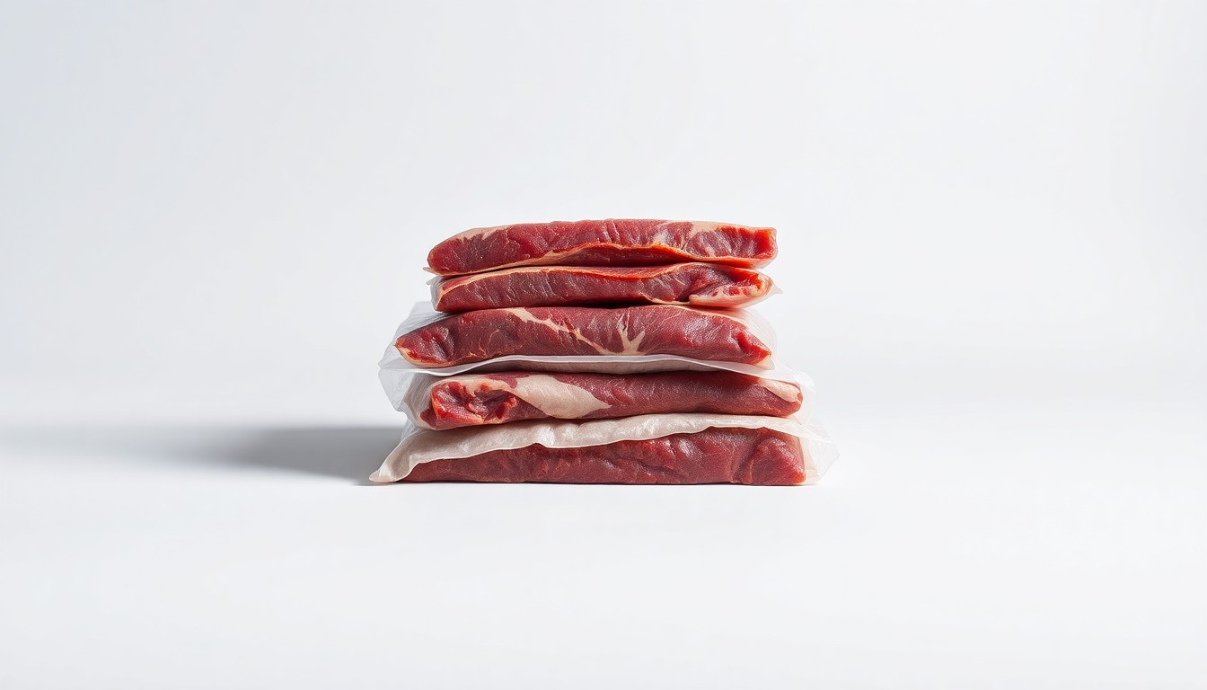 A minimalist studio still life photograph featuring a stack of neatly packaged raw beef cuts arranged on a clean, monochromatic background, conceptually representing the corporate strategy and market forces behind the meat processing industry.