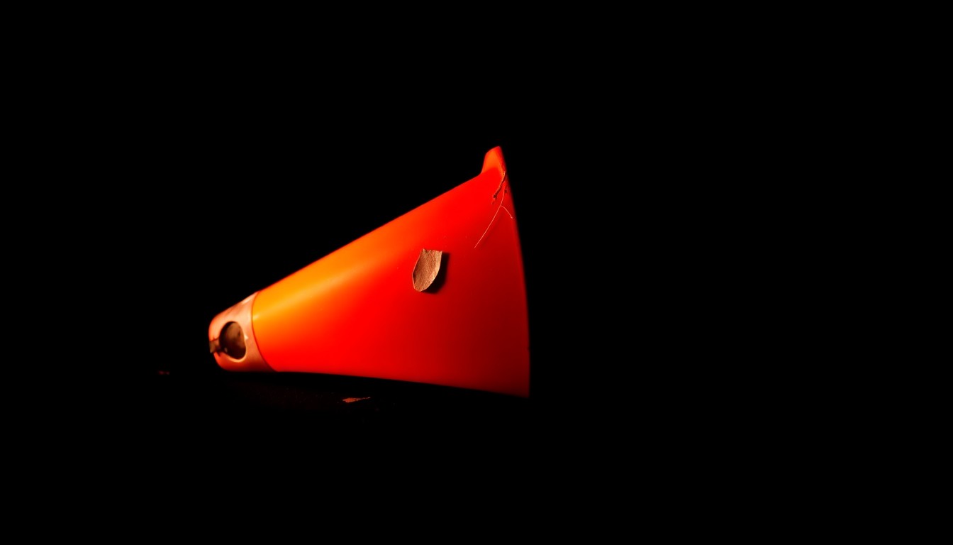 An extreme close-up photograph of a damaged traffic cone or other small piece of physical evidence from the crash site, lit by a harsh, direct camera flash against a pitch-black background, conveying a stark, gritty, investigative aesthetic without depicting any violence or victims.