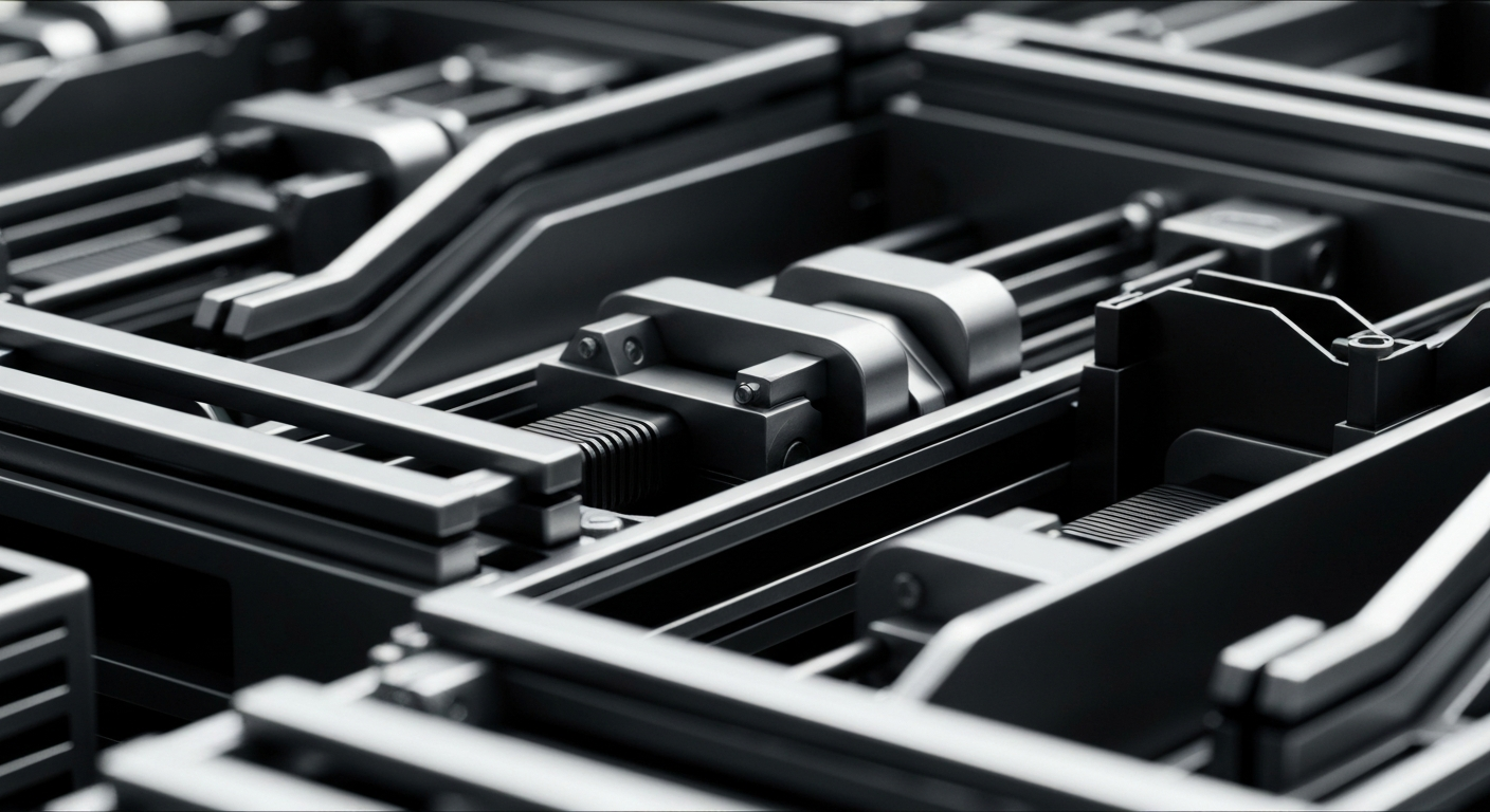 An extreme close-up of complex, interlocking banking machinery and equipment, conveying the industrial power and security of large financial institutions.