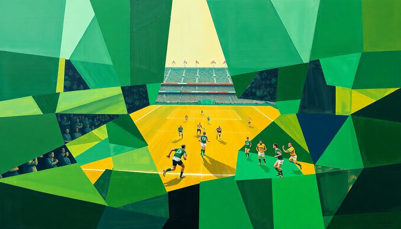 A cubist, geometric painting depicting a Gaelic football match, with the players and field broken down into sharp, overlapping planes of green, gold, and navy blue, capturing the dynamic energy and shifting momentum of the game.