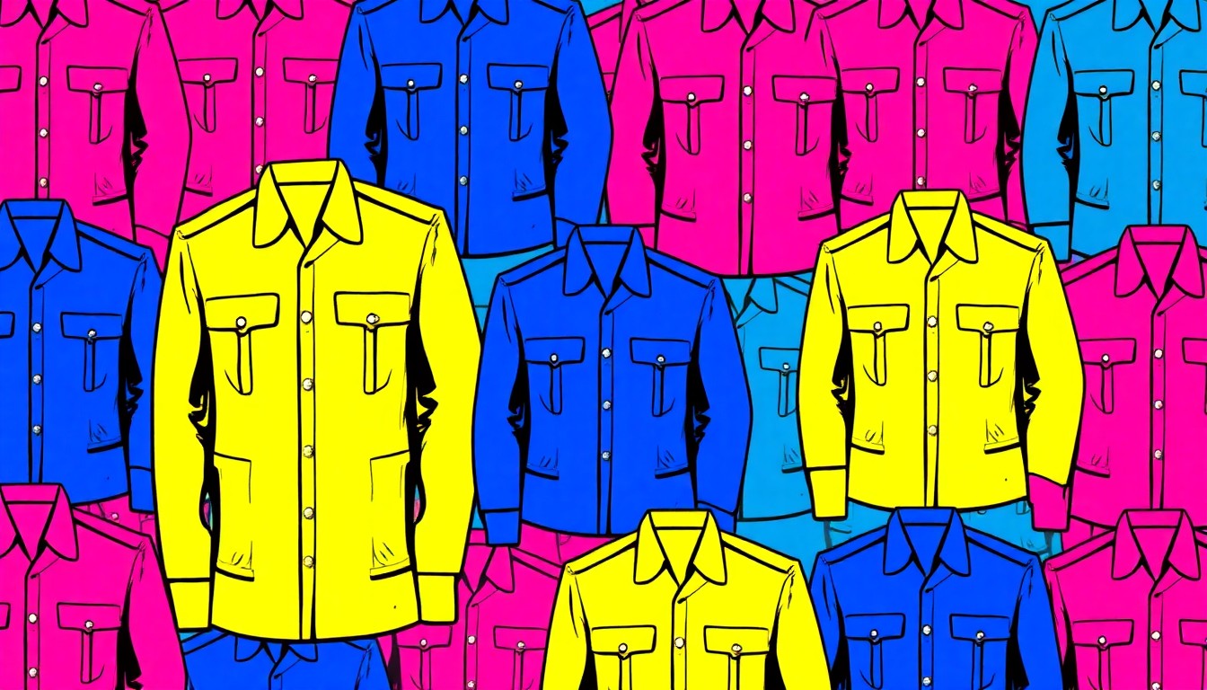 A bold, colorful silkscreen print featuring a military uniform jacket repeated in a grid pattern, using vibrant neon colors and heavy black outlines to create a modern pop art interpretation of the everyday military item.