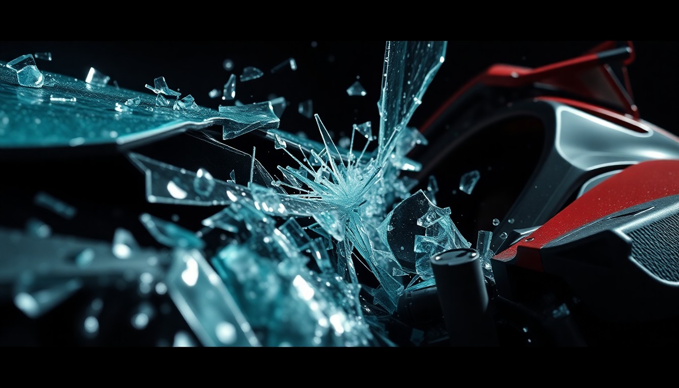 An abstract close-up photograph of shattered glass and twisted metal, conveying the dramatic impact of a high-speed car crash through dramatic lighting and texture.