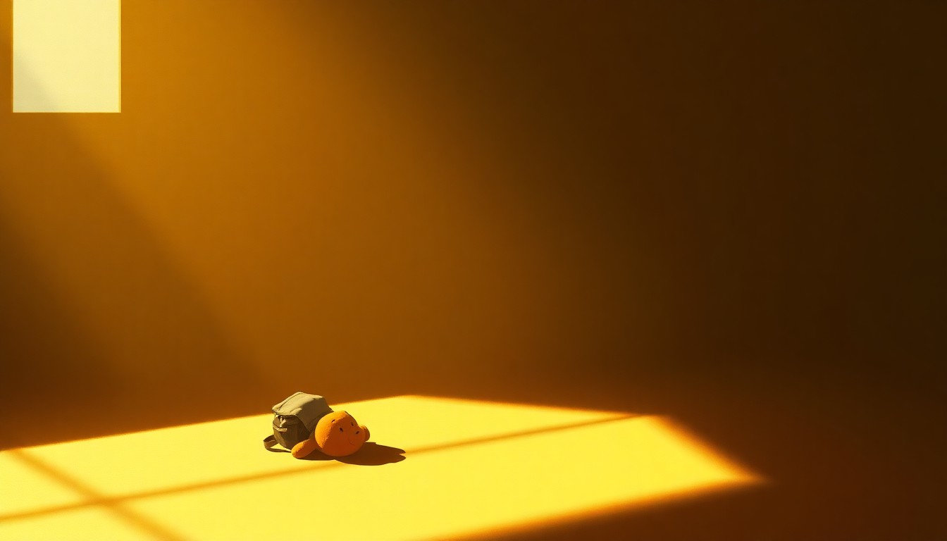 A close-up painting of a small, worn stuffed animal sitting alone on a wooden floor, bathed in soft, warm light and deep shadows, conveying a sense of loneliness and vulnerability.