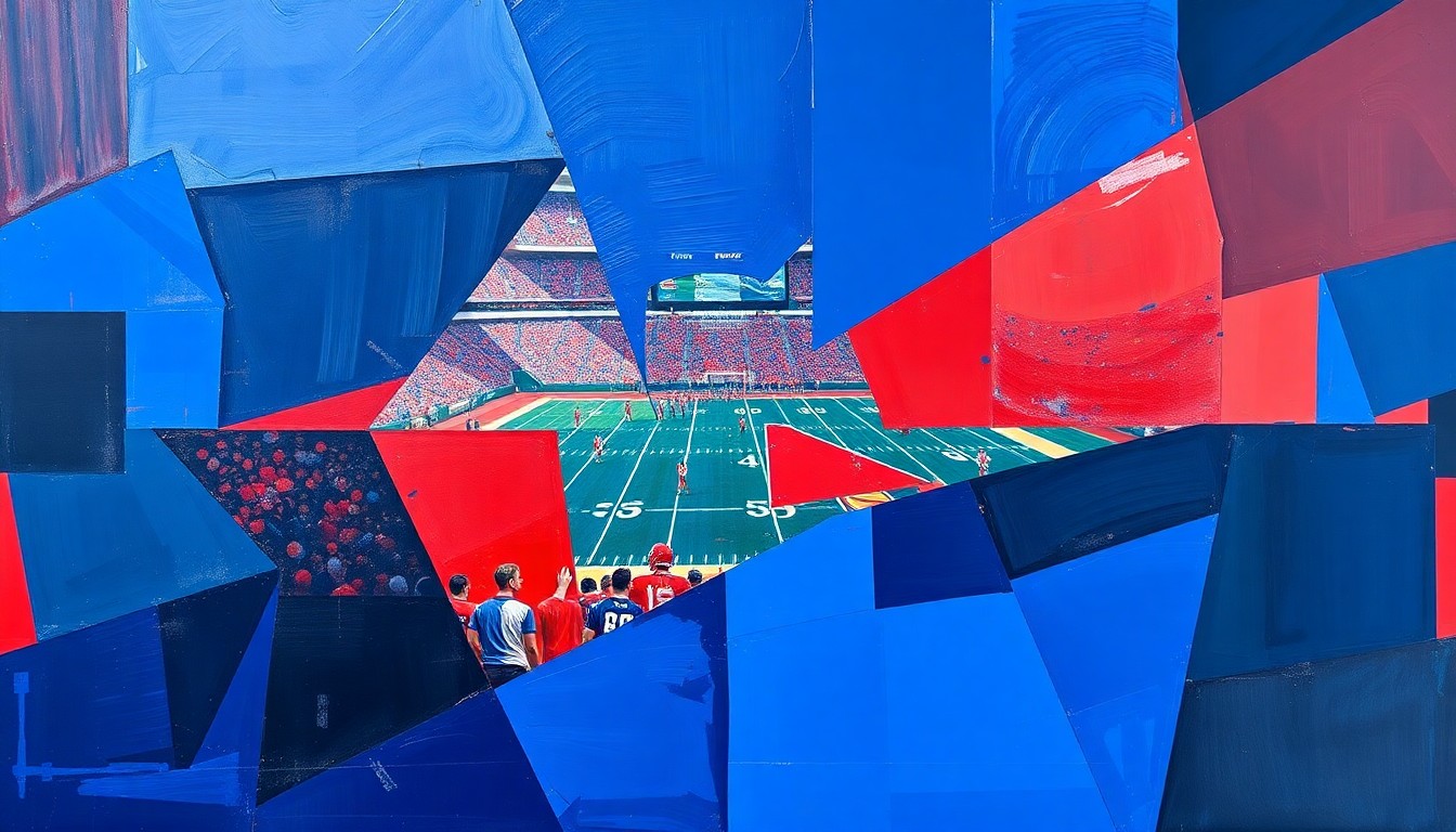 A fractured, geometric painting depicting an abstract football scene, with sharp planes of navy, royal blue, and red intersecting to create a dynamic, multi-perspective visual representation of the Bills' offseason priorities.