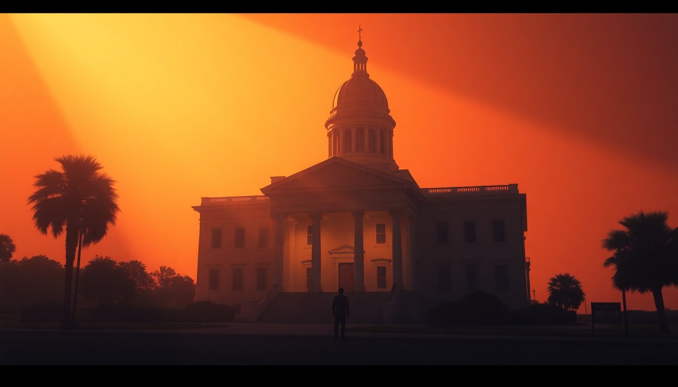 A photorealistic painting of a Florida state capitol building in warm, golden light, with a single figure standing in front, conveying a sense of quiet contemplation and the weight of political decisions.