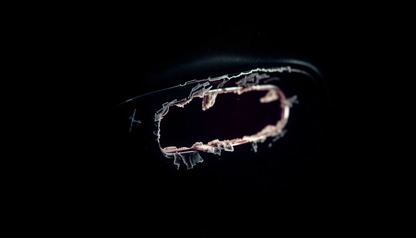 An extreme close-up photograph of a damaged car door handle, lit by a harsh, direct camera flash against a pitch-black background, conceptually representing the aftermath of a violent confrontation.