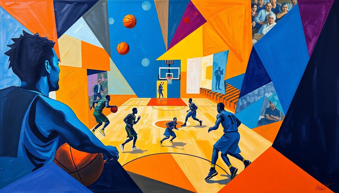 A cubist, geometric painting depicting the chaotic action of a college basketball game, with the players' forms broken down into overlapping planes of vivid colors including blues, oranges, and purples.