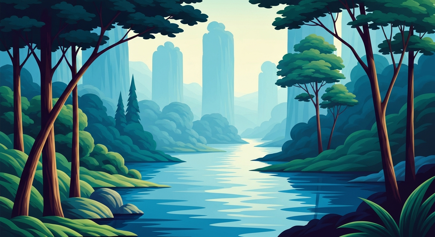 A bold, geometric illustration in the Art Deco style depicts a sweeping landscape of a winding river surrounded by towering trees, with smooth gradients of blue and green hues creating a sense of grandeur and scale without any literal depiction of people or text.