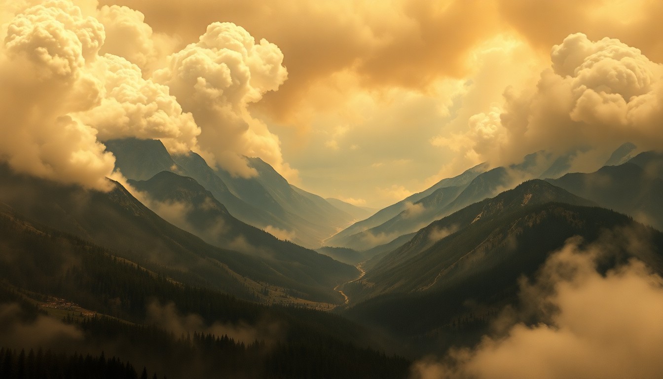 A vast, atmospheric landscape painting in muted tones of gray, brown, and blue, depicting a mountainous, forested region obscured by thick, billowing smoke, conveying the sublime scale and power of a natural disaster.