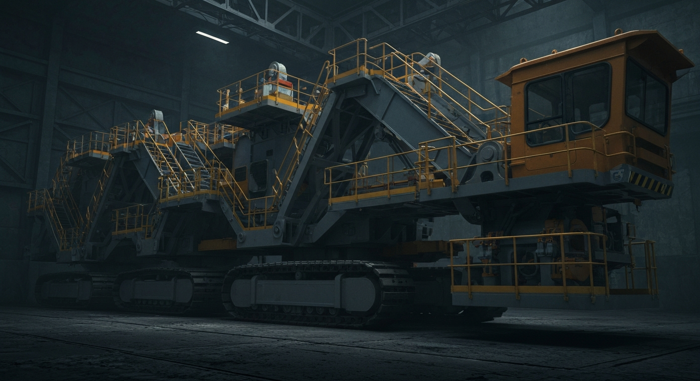 An extreme close-up of rugged, heavy mining equipment and machinery in a dark, industrial setting, conveying the physical, tangible nature of the mining industry's assets and infrastructure.