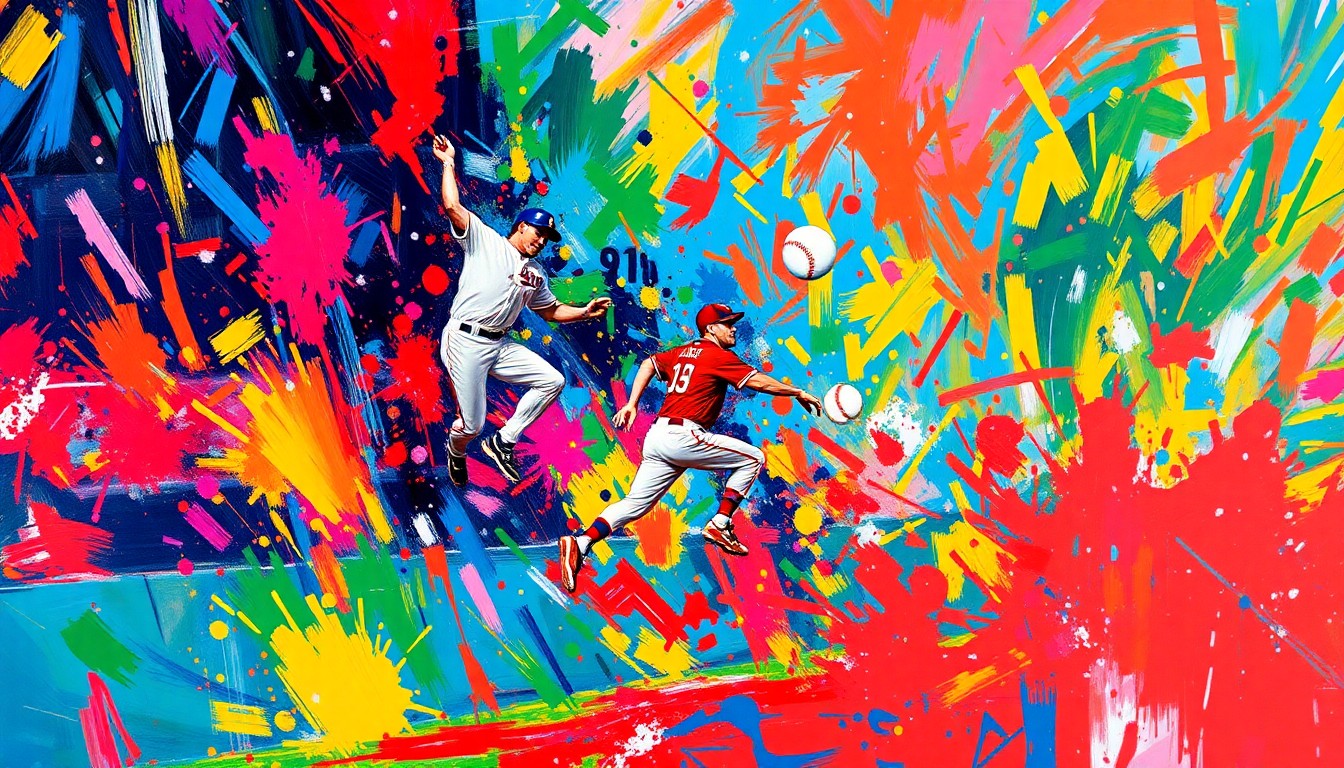 A vibrant, expressionistic painting capturing the raw energy and athleticism of an outfielder leaping high above the wall to make a spectacular catch, with the baseball and players' forms dissolving into colorful brushstrokes.