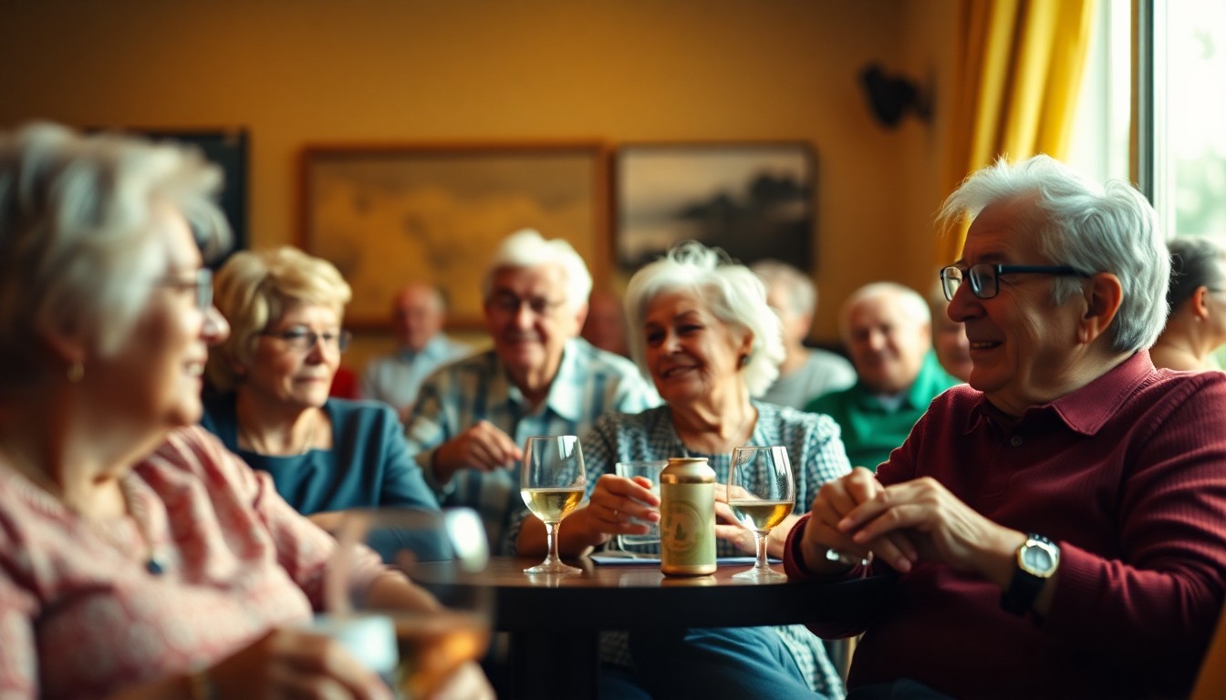 An abstract, impressionistic photograph showing the blurred silhouettes of older adults engaged in a group activity, with the scene bathed in a warm, hazy glow of soft, diffused light.