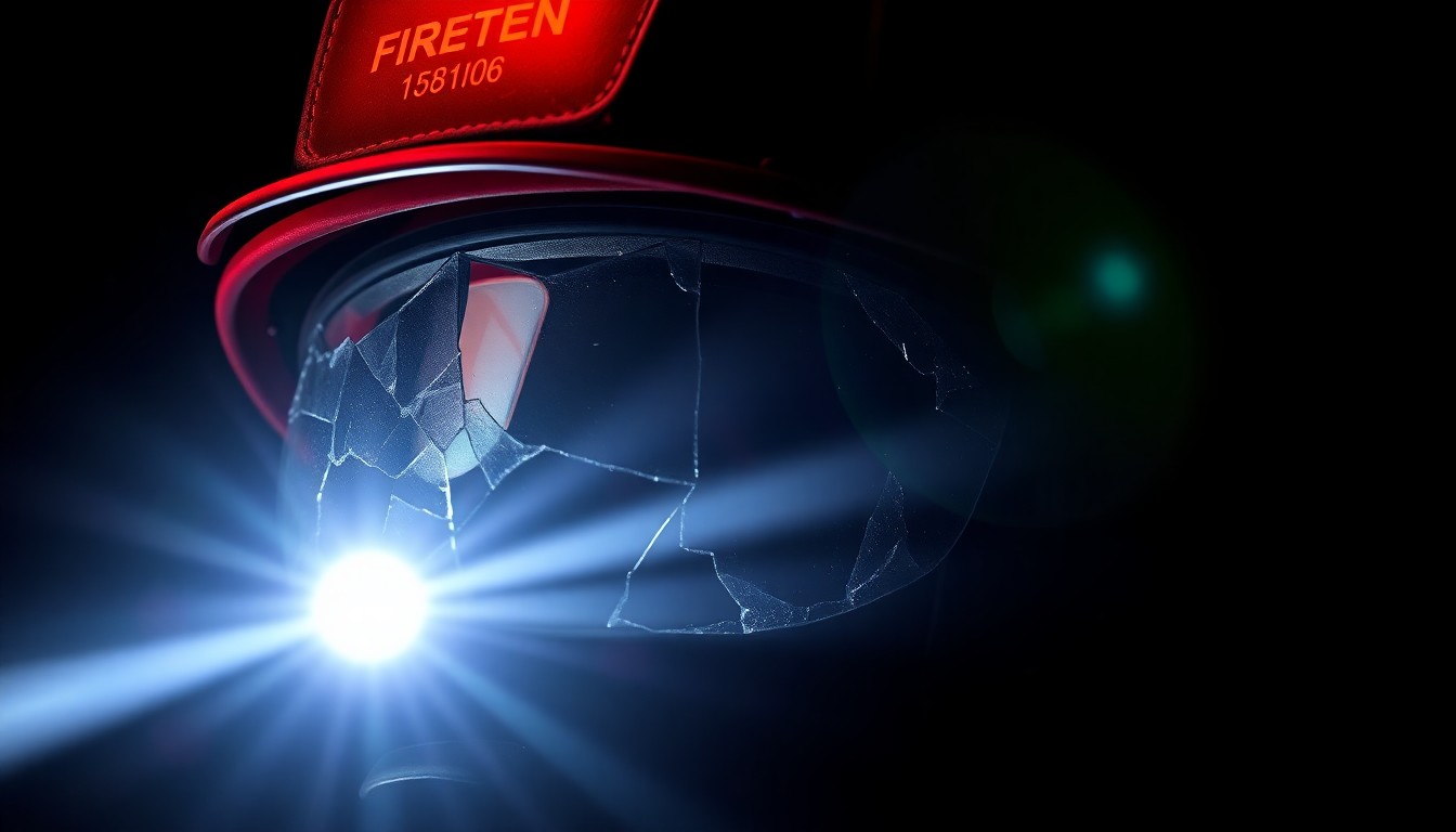 An extreme close-up photograph of a firefighter's helmet with a cracked visor, the harsh lighting and dark background creating a stark, gritty, investigative aesthetic that conceptually represents the tragedy of the incident.